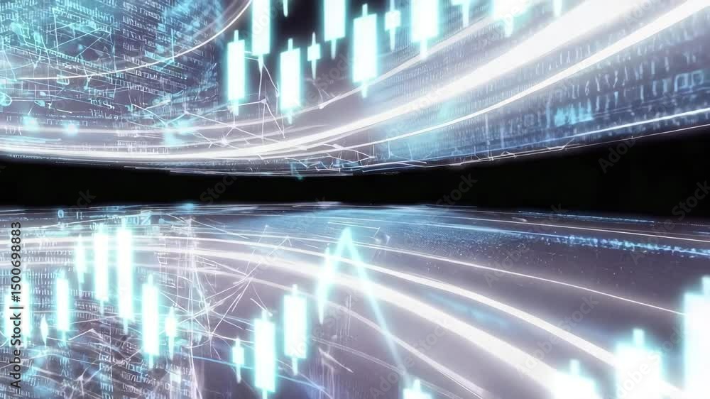 Poster stock market graphs a futuristic financial data visualization with glowing blue candlestick flowing 