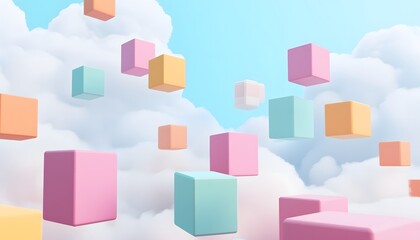 Obraz premium Pastel colored cubes floating amidst fluffy clouds.