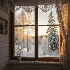 Winter Window View Snow-Covered Landscape, Golden Hour Light, Lace Curtains, Wooden Frame, Cozy Cabin, Winter Wonderland Winter Scenery, Cozy Home