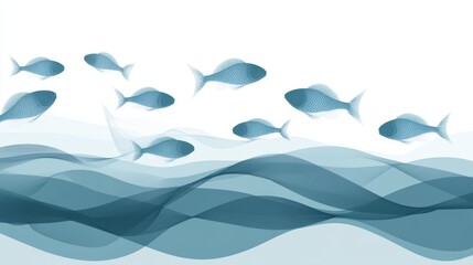 Obraz premium 30.A collection of sleek and minimal fish icons floating on top of wavy lines, creating an abstract yet peaceful representation of marine life, ideal for use in digital designs and banners.