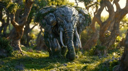 Mystical mechanical elephant creature in a luminous overgrown forest clearing