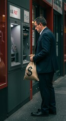 Man At An Atm With Money Bag Performing Financial Transaction Photo