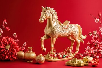 Golden Horse Statue with Red Flowers: Chinese New Year Decoration