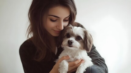 Playful_Pose_: A woman sitting with a small dog on her lap, gently petting it, against a white background. 
