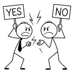 Two angry stick figure businessmen arguing with YES/NO signs. cartoon illustration of heated debate or conflict.