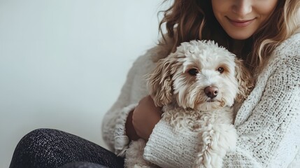 Playful_Pose_: A woman sitting with a small dog on her lap, gently petting it, against a white background. 
