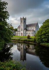 Fototapeta premium Historic Stone Church And Its Reflection On The Water Under Cloudy Sky Photo