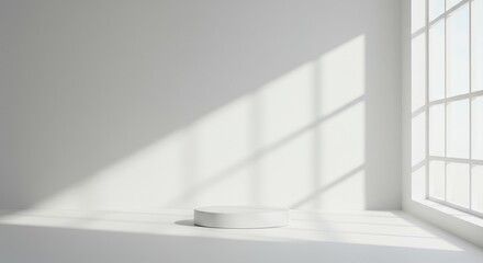 Minimalist White Interior With Podium Lit By Sunlight Through Window Photo