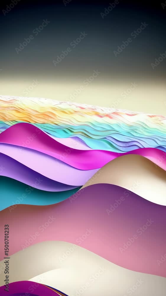 Poster bright, textured abstract wavy shapes with teal, purple and rainbow elements creating a smooth 3d vi