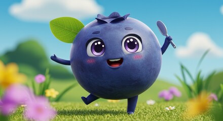 Illustration Of A Happy Blueberry Character Holding A Fork In A Sunny Field