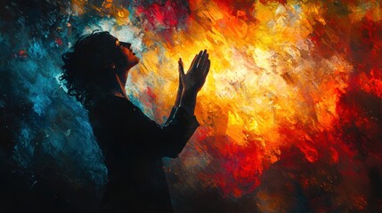 Christian Woman Worshiping with Raised Hands - Watercolor Abstract Illustration on Black Background, Cultural Diversity Concept