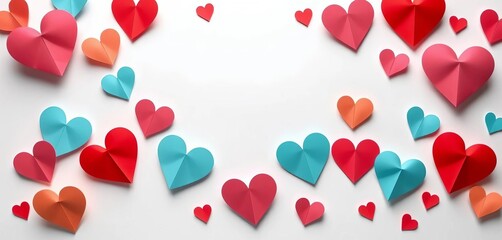 Several paper hearts arranged in a loving pattern on a white background,  subtle, paper heart