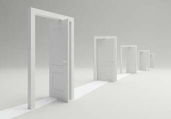 Minimalist White Doors In A Row Perspective 3D Illustration for Choice or Path