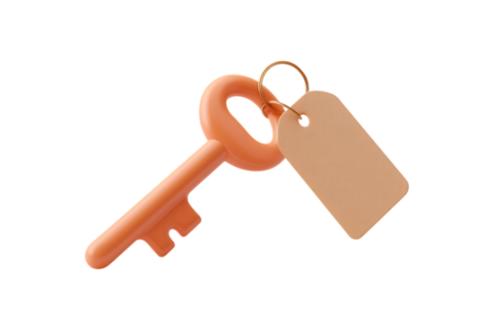 A Peach-Colored Key with Attached Blank Tag, Representing New Beginnings  isolated on transparent background , cutout	