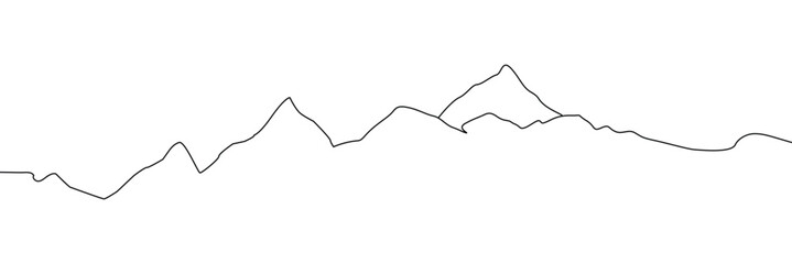 One continuous line drawing of mountain range landscape. Web banner with mounts in simple linear style. Adventure winter sports concept isolated on white background. Doodle vector illustration. EPS10 