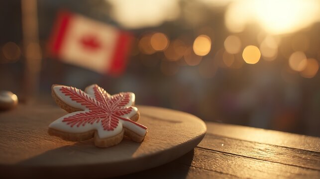 Maple leaf cookie with red and white icing on a wooden plate, celebrating Canada Day with festive warmth and patriotic spirit.