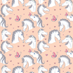 Fototapeta premium Seamless pattern with white horses. Cute and gentle pattern for printing on fabric, for packaging. Horse pattern. Pony and butterflies