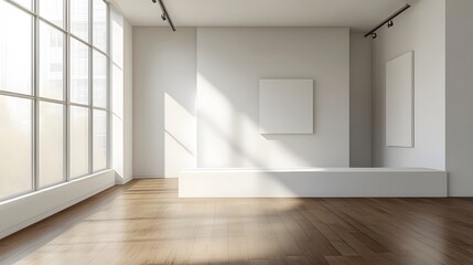 Obraz premium Empty gallery space with large windows and blank canvases.