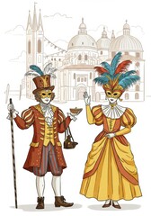 Illustration Of Carnival Couple In Elaborate Costumes With Venetian Background