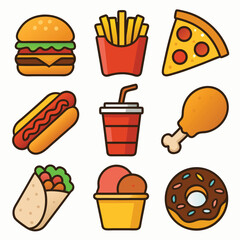 3x3 Grid of Vector Style Fast Food Icons on White Background