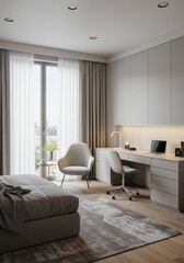 Modern Bedroom Interior with Gray Tones Chair Desk and Natural Light Photo