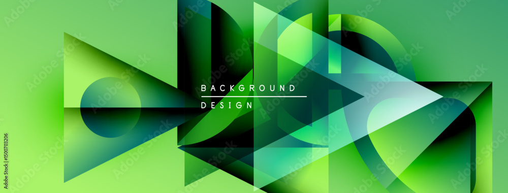 Poster Abstract geometric design. Green gradients create dynamic shapes, overlapping layers suggest depth. Modern aesthetic, clean lines, vibrant.
