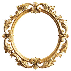 Elegant Gold Ornate Round Frame, Baroque Style, Isolated on Transparent Background