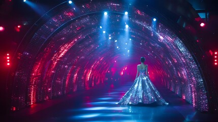 Fashion show runway with a vibrant tunnel-like backdrop.