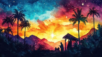 Watercolor Nativity Illustration: Virgin Mary, Jesus Christ, Joseph under Star of Bethlehem - Perfect for Christmas Greeting Cards