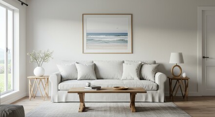 Modern Living Room Illustration with White Sofa and Beach Artwork