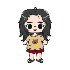 illustration art cute chibi girl wearing t-shirt and red short pants sticker character design 