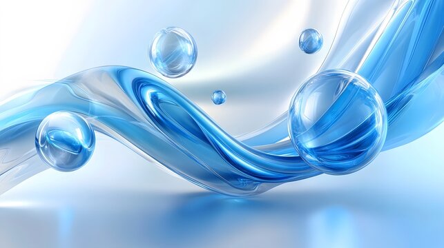 Abstract design of flowing, translucent blue liquid with bubbles.