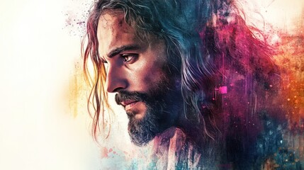 Watercolor portrait of Jesus in soft pastel tones, blending spiritual peace and traditional religious iconography