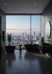 Modern Luxury Bathroom Interior with City View at Night Photo