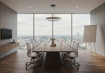 Modern Meeting Room Interior Photo with Wooden Table And City View