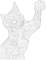 Ornate Zentangle Cat Line Art, Detailed black and white line art illustration of a cat standing on its hind legs with a paw raised, filled with intricate, decorative, zentangle-style abstract 
