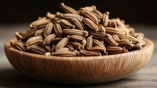 A wooden bowl filled with brown cumin seeds on a weathered wooden surface, creating textured food photography