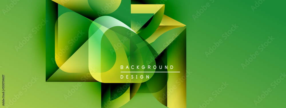 Aufkleber Abstract green background features overlapping geometric shapes. Modern design with gradient colors, text reads background design. Minimalist style.