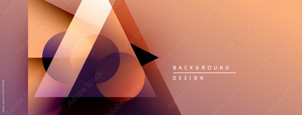 Poster abstract geometric shapes overlap, creating warm color gradients. design features peach, purple hues