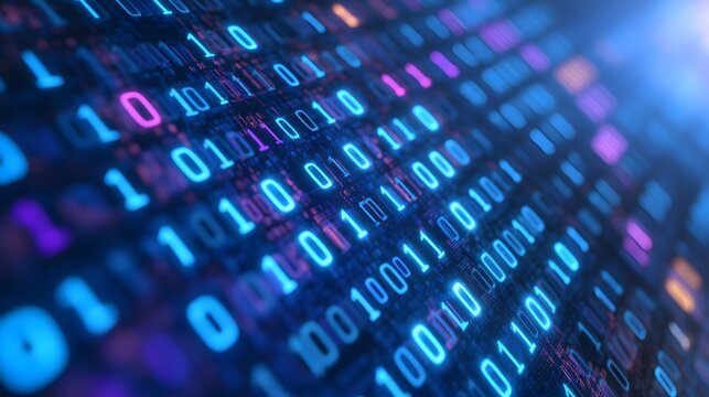 Close-up view of binary code glowing in vibrant colors.