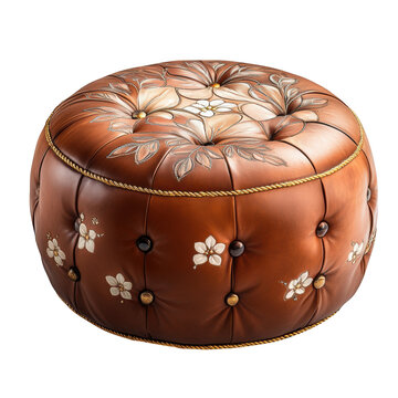 recommend clip art: Brown leather ottoman with floral design isolated on transparent background