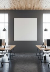 Modern Office Interior Photo With Empty Board Tables Windows and Grey Walls