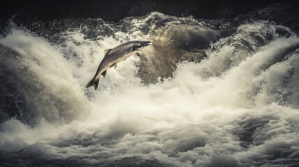 Fototapeta premium During Their Migration Run, Salmon Leap Upstream Over Waterfalls