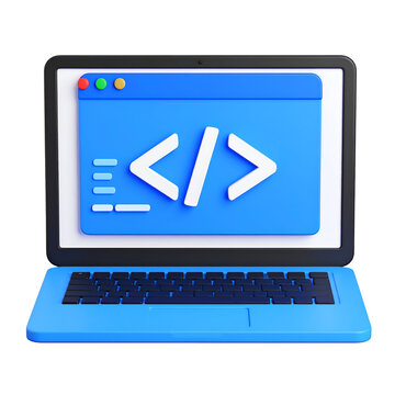 A blue laptop displays code, symbolizing programming and software development