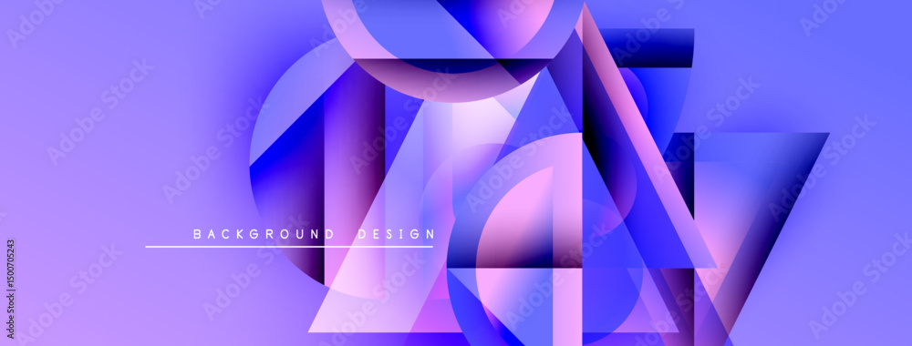 Poster abstract geometric shapes overlap, creating vibrant purple gradient background. modern design elemen