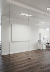 Modern Office Interior Photo With White Walls Glass And Wooden Floors