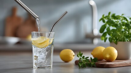 Fototapeta premium Refreshing lemon drink with herbs in a modern kitchen setting.