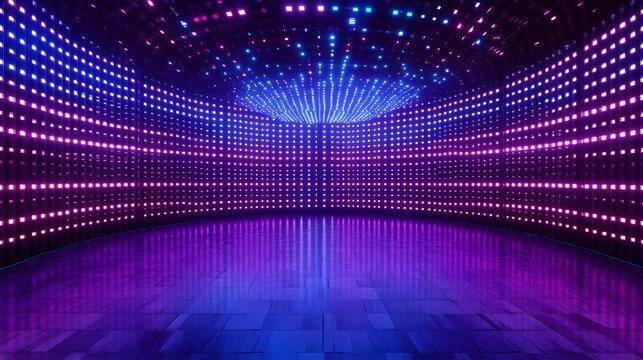 Vibrant, purple and blue light display in a tunnel.