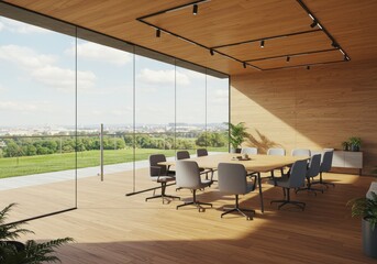 Modern Office Interior Photo with Wooden Table Chairs and City View