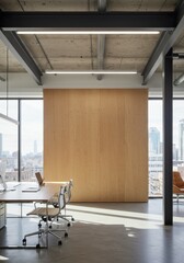 Modern Office Interior Photo with Wooden Wall and City View Background